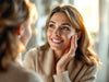 Woman demonstrating proper eye massage technique with serene expression, showing natural methods for reducing puffiness