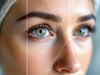 Woman in her 40s examining eye area in natural light, demonstrating signs of aging around eyes